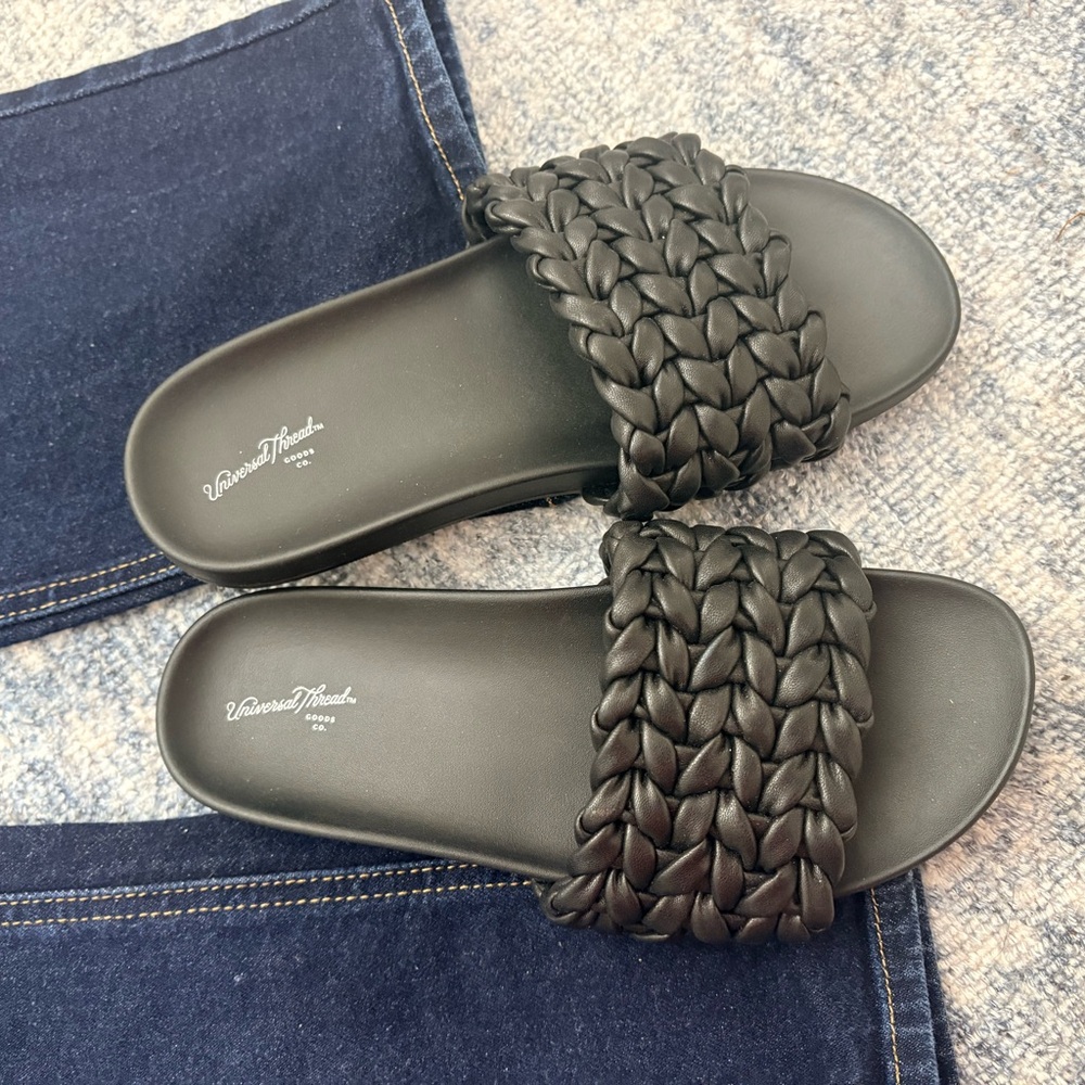 Black Woven Slide Sandals Vegan Leather